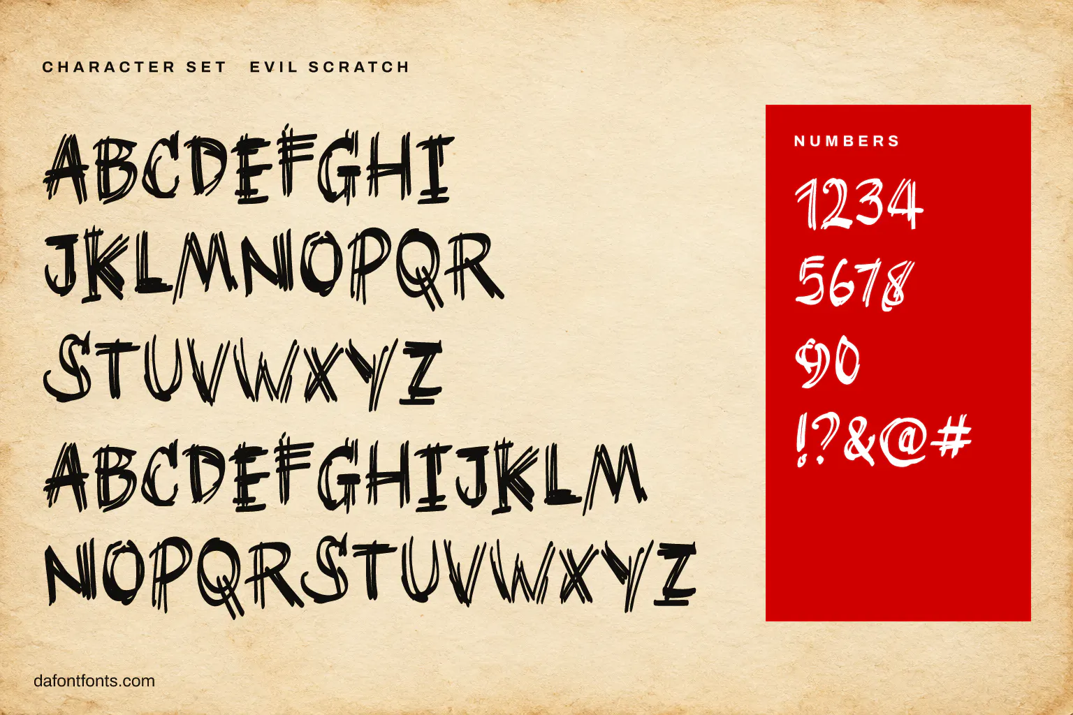 Evil Scratch character set: alphabet, numbers and symbols