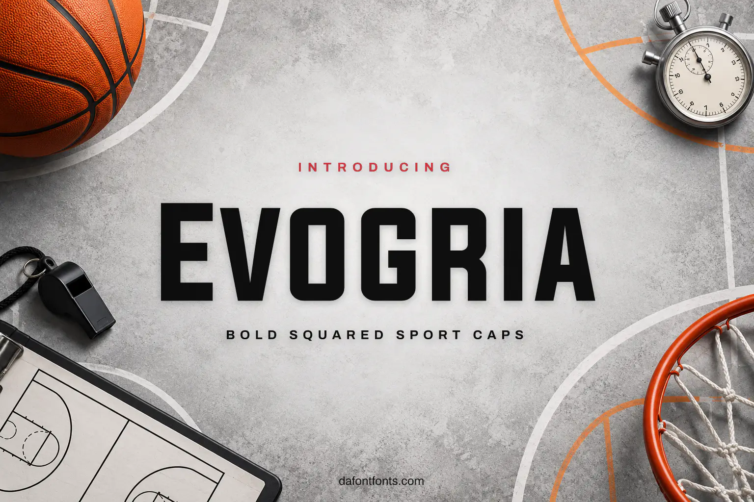 Evogria font poster: squared sporty caps with a basketball and stopwatch