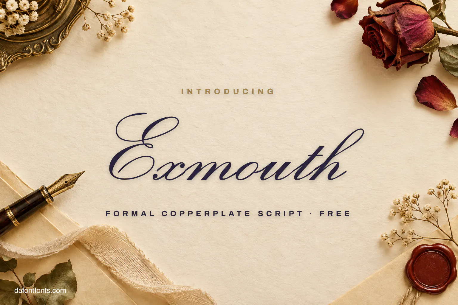 Exmouth font poster: navy copperplate script on ivory paper with a wax seal