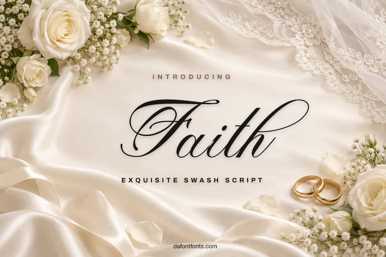 Faith font poster: black swash script on an ivory wedding background with roses