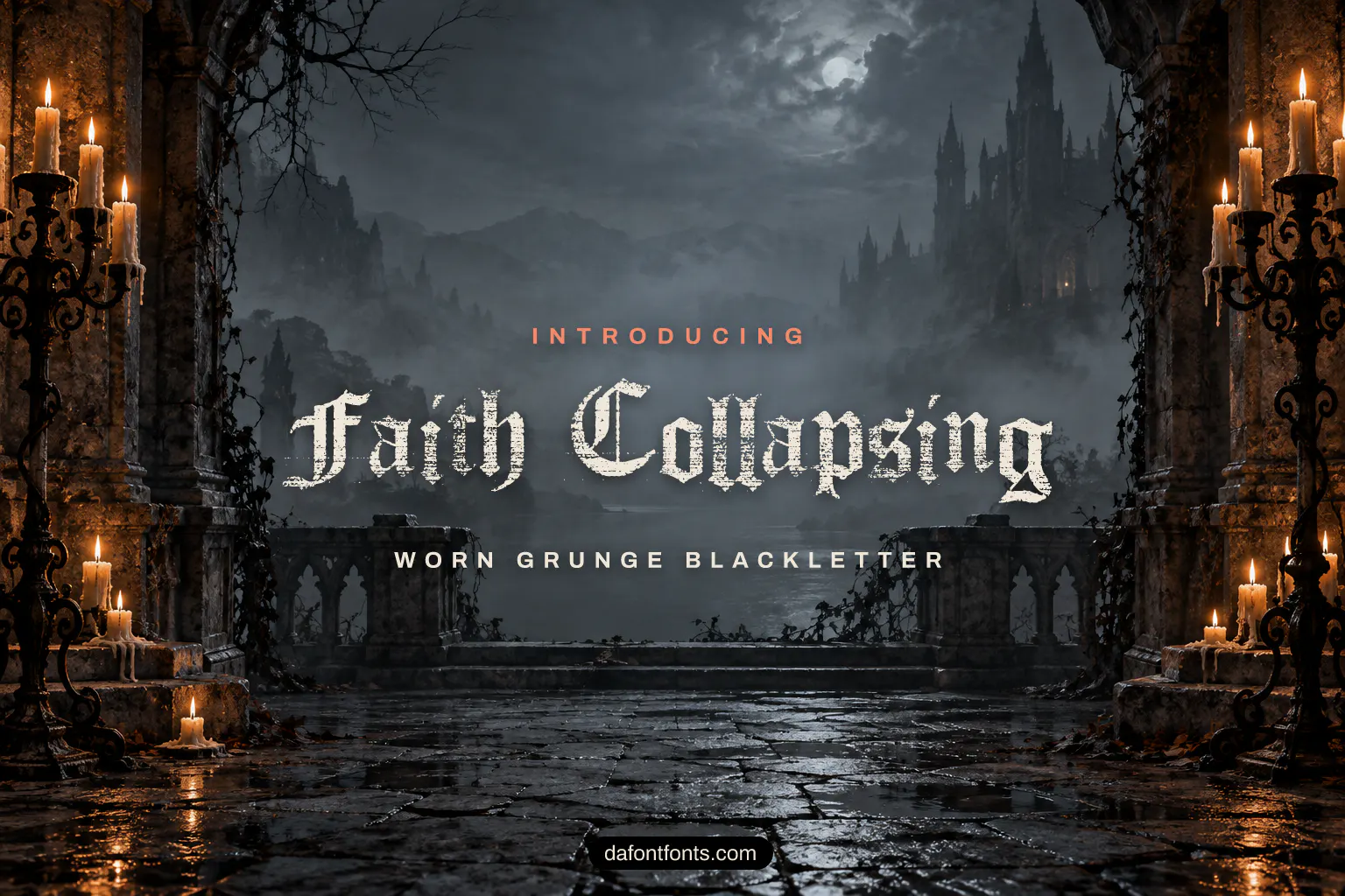 Faith Collapsing font poster: black distressed blackletter on a dark gothic background