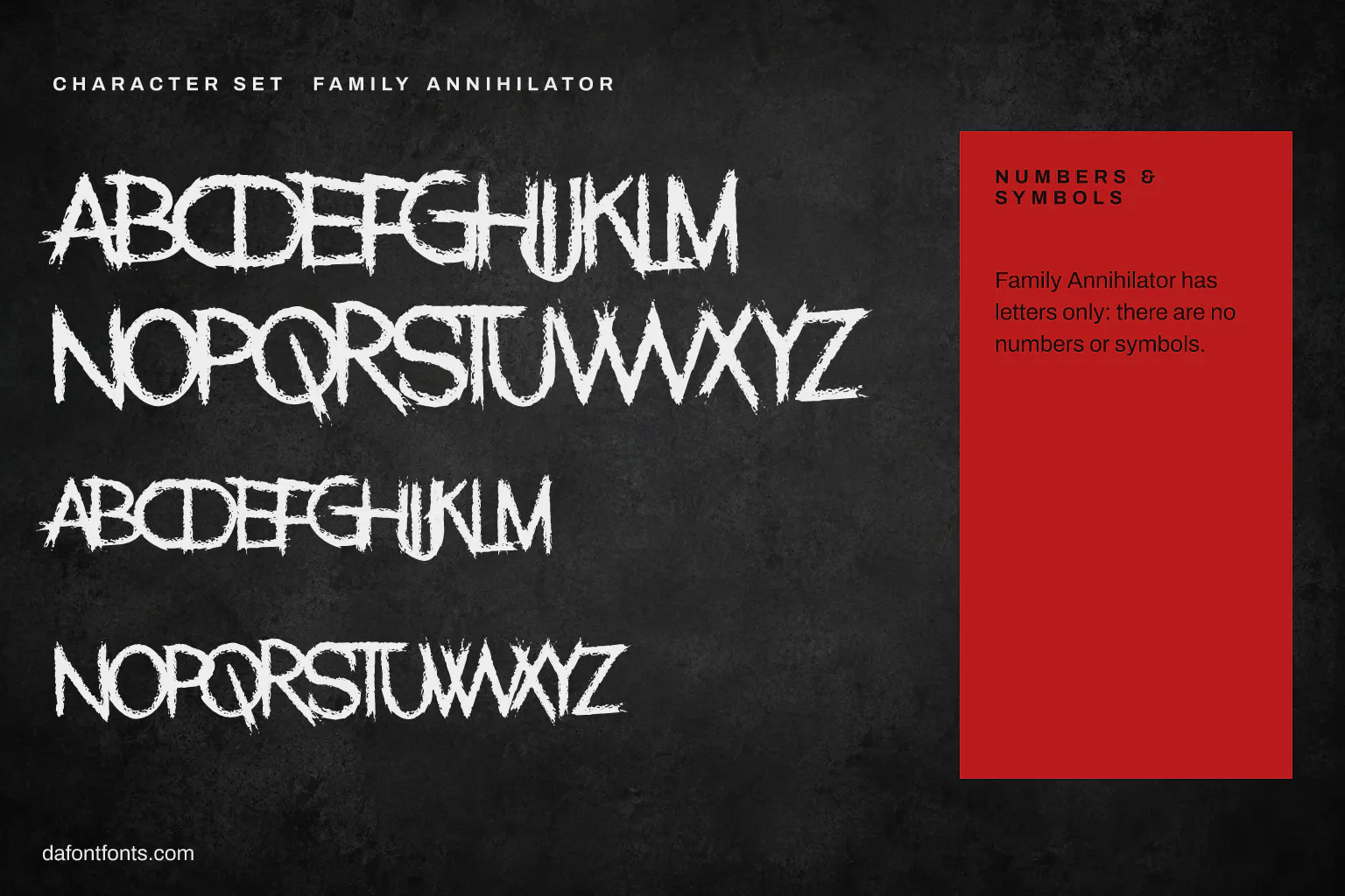 Family Annihilator character set: capitals and small capitals (the font has no numbers or symbols)