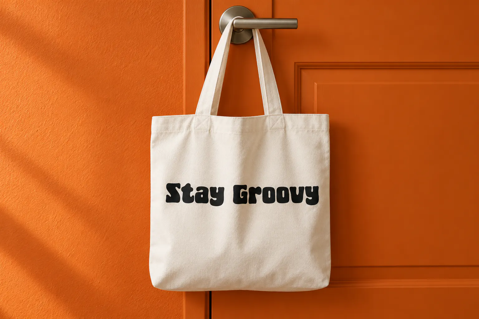 Fat Kat font on a tote bag reading Stay Groovy