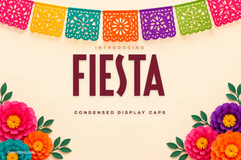 Fiesta font poster: wine red condensed caps on cream under papel picado banners