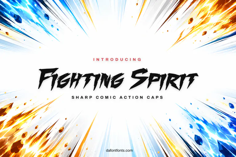 Fighting Spirit font poster: spiky comic caps with speed lines and energy bursts