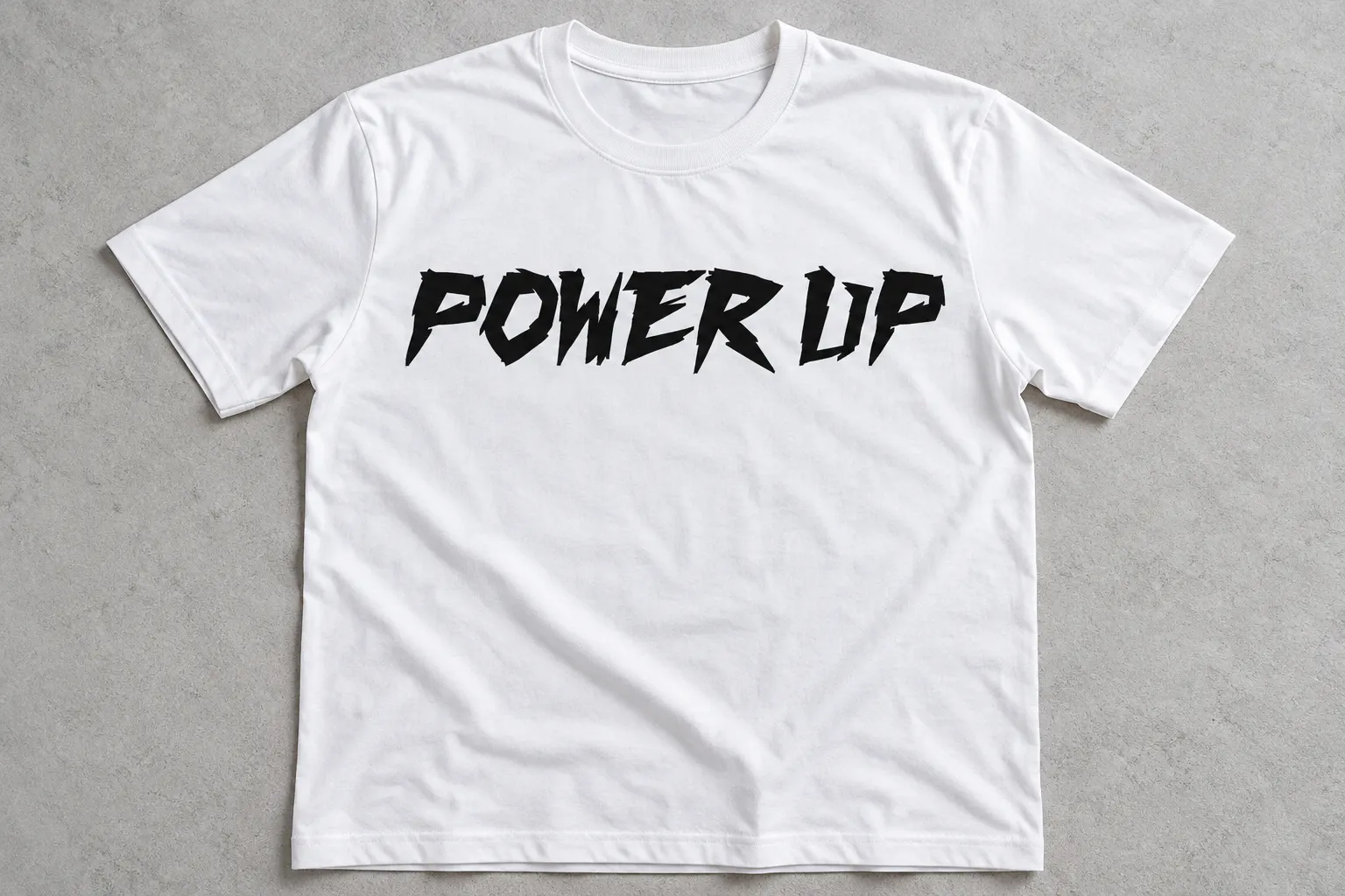Fighting Spirit font on a white t-shirt reading POWER UP