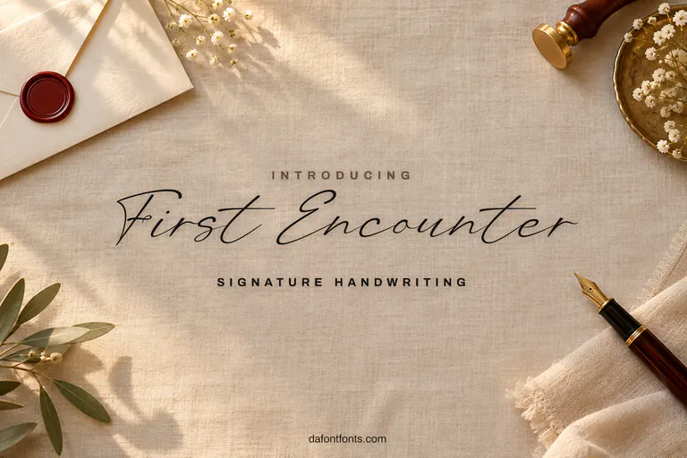 First Encounter font poster: thin black signature on soft linen with a fountain pen