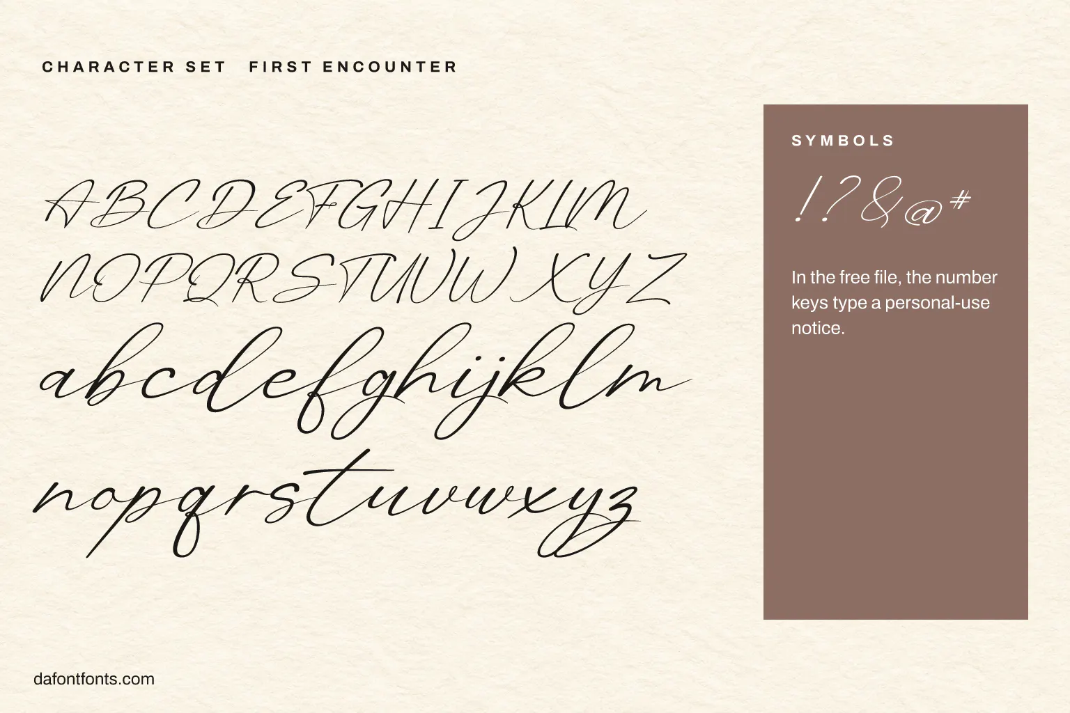 First Encounter character set: capitals, lowercase and symbols (the number keys type a notice)