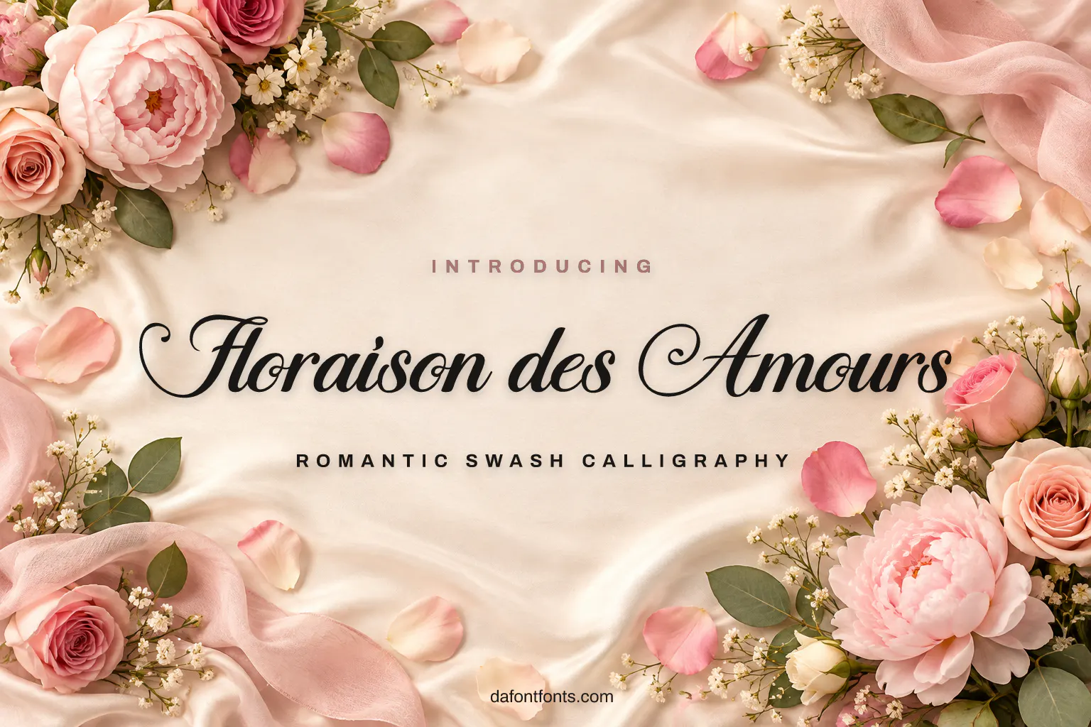 Floraison des Amours font poster: black calligraphy on a romantic floral background