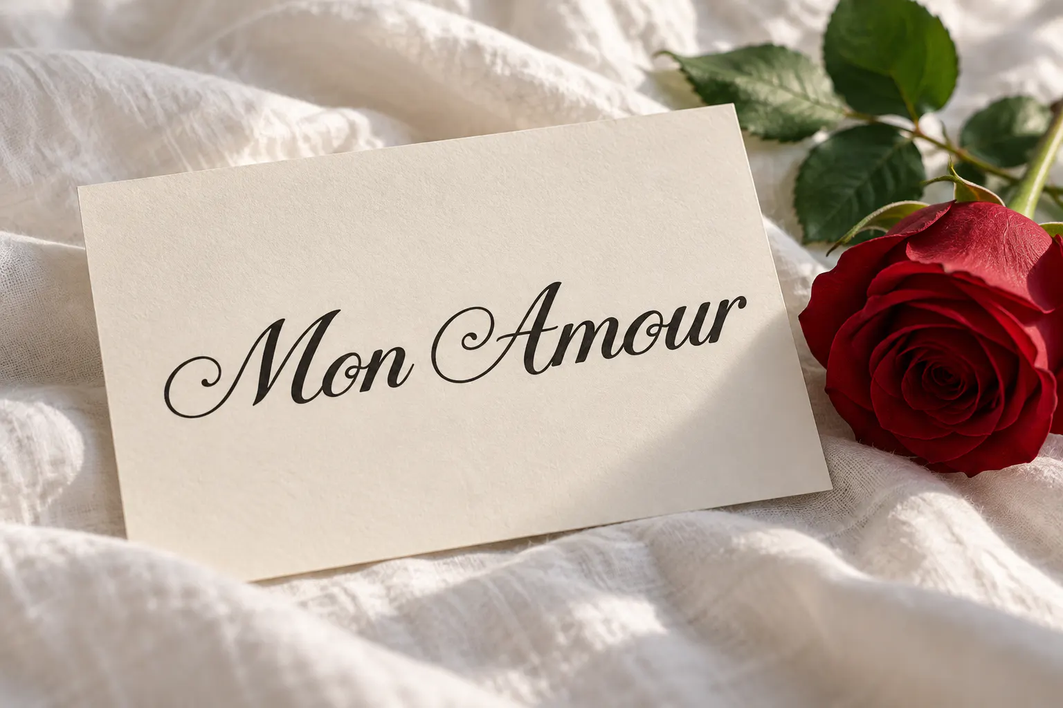 Floraison des Amours font on a love letter card reading Mon Amour