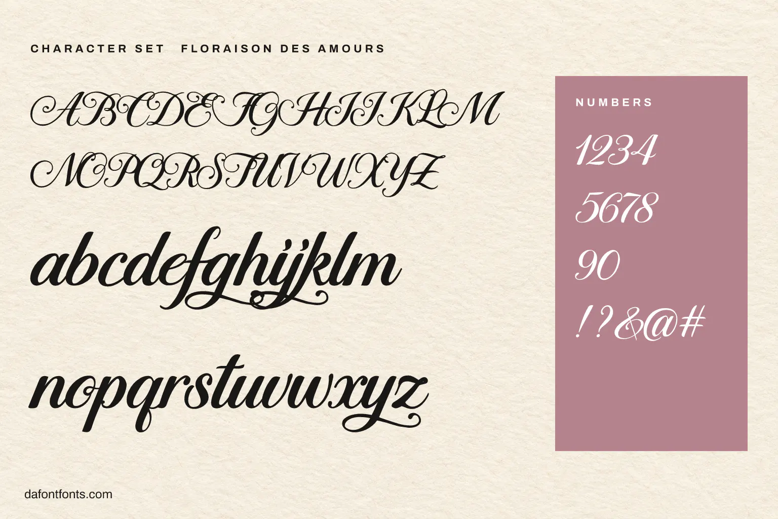 Floraison des Amours character set: alphabet, numbers and symbols