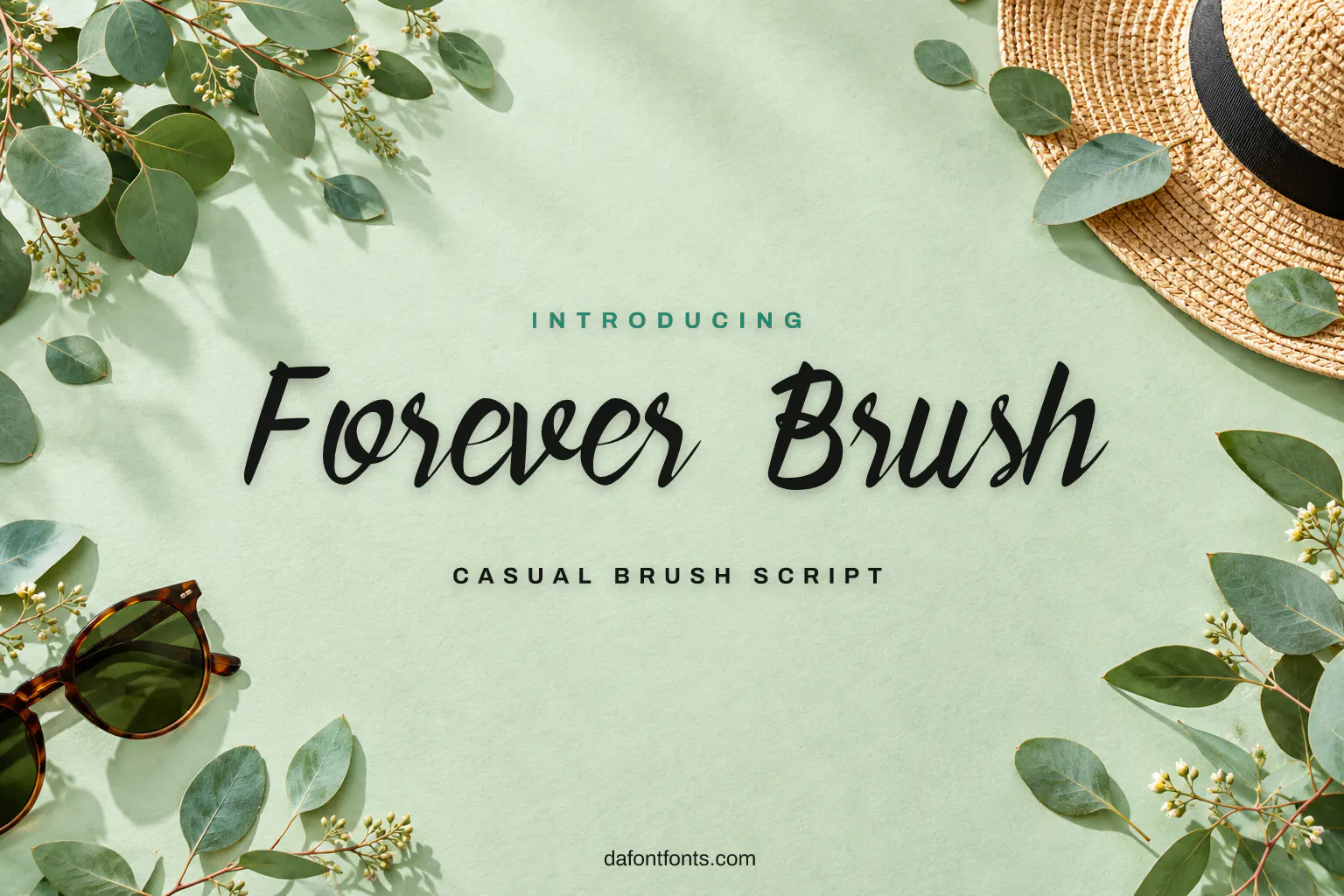 Forever Brush font poster: brush script on mint with eucalyptus and sunglasses