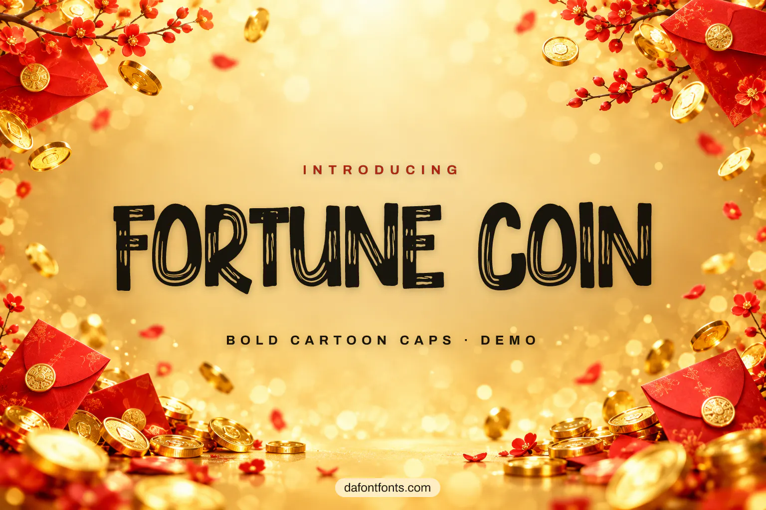 Fortune Coin font poster: bold black capitals on a gold background with coins and red envelopes