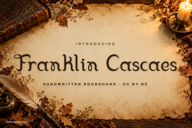 Franklin Cascaes font poster: dark brown handwriting on aged ivory with an old book