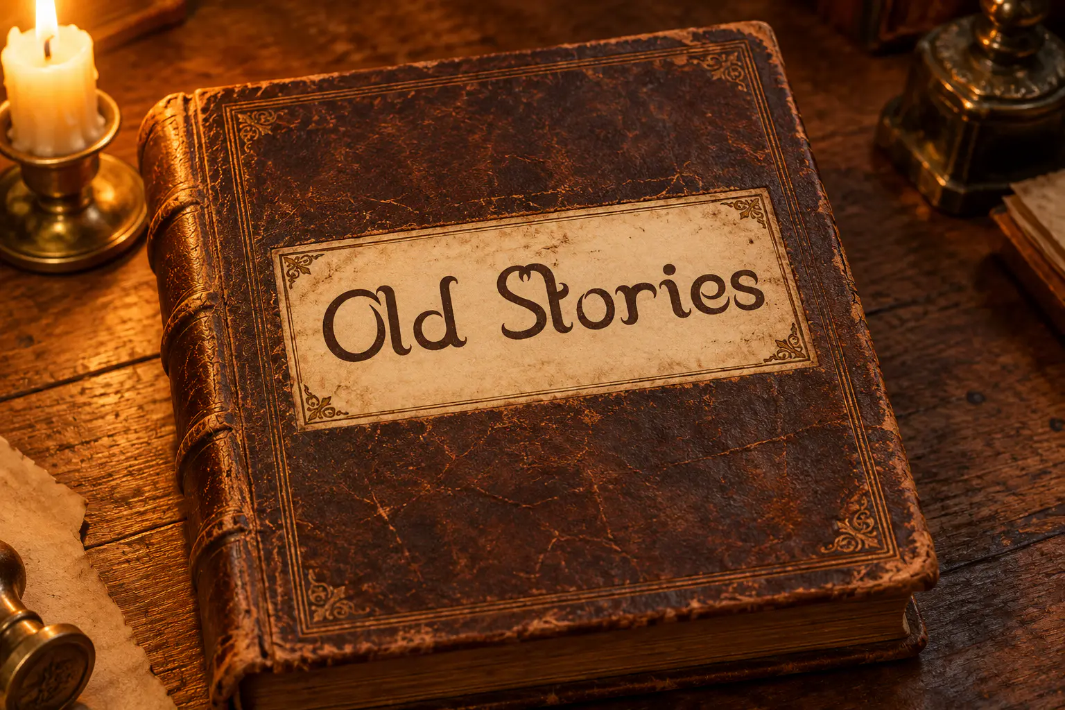 Franklin Cascaes font on a leather book label reading Old Stories