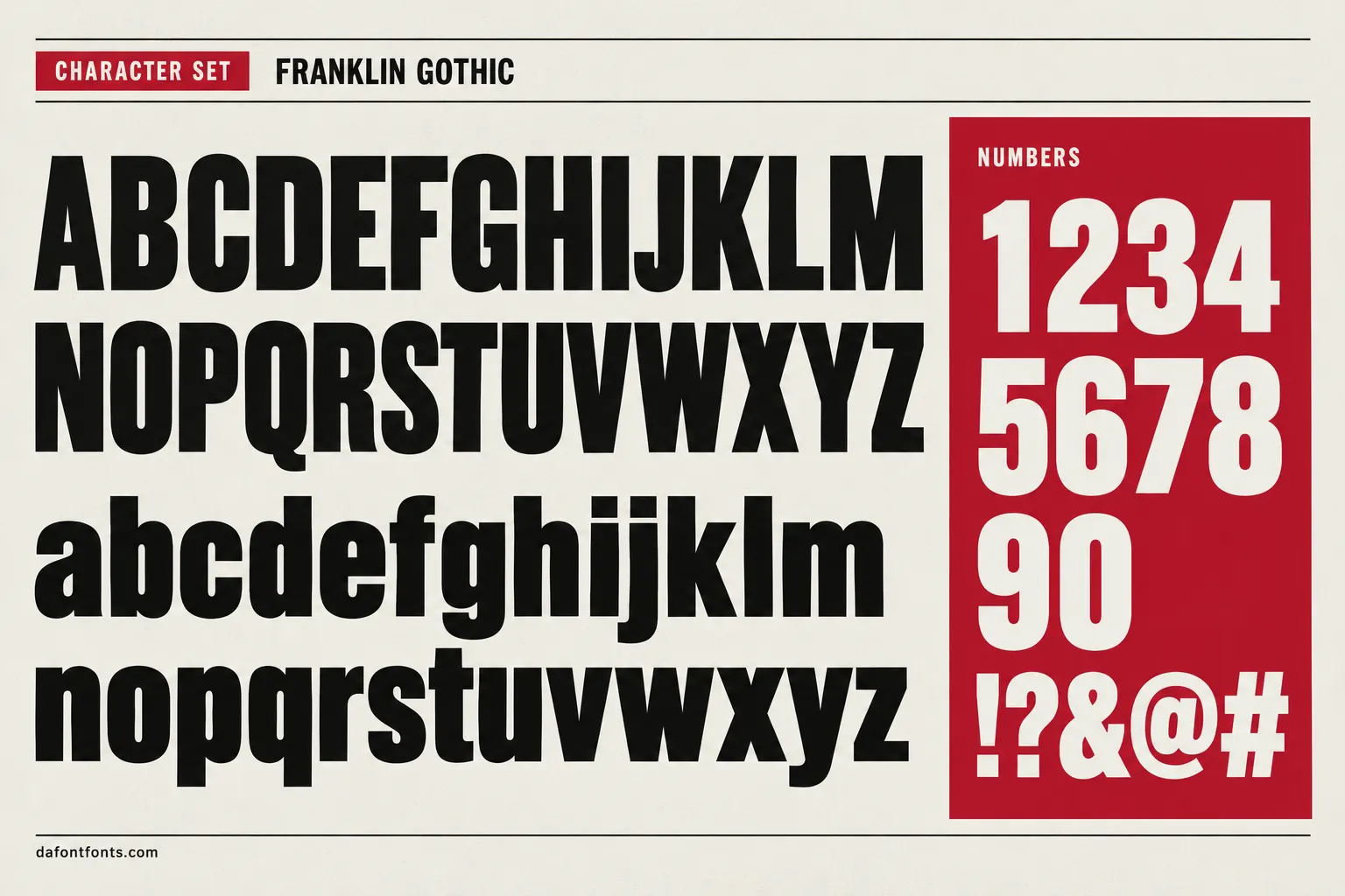 Franklin Gothic style character set: uppercase and lowercase alphabet, numbers and symbols