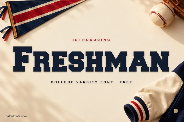 Freshman font poster: navy varsity letters on cream with a pennant