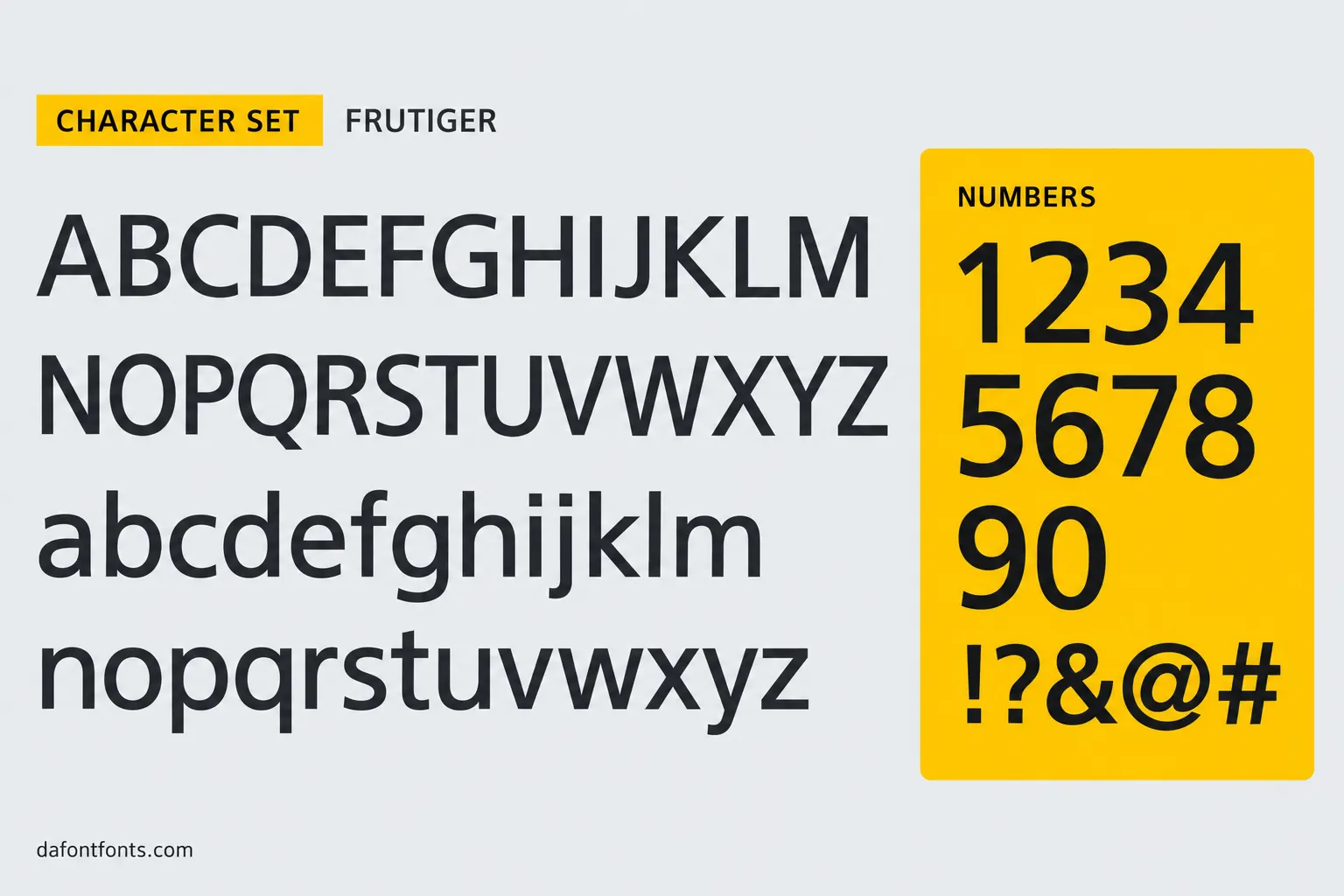 Frutiger style character set: uppercase and lowercase alphabet, numbers and symbols