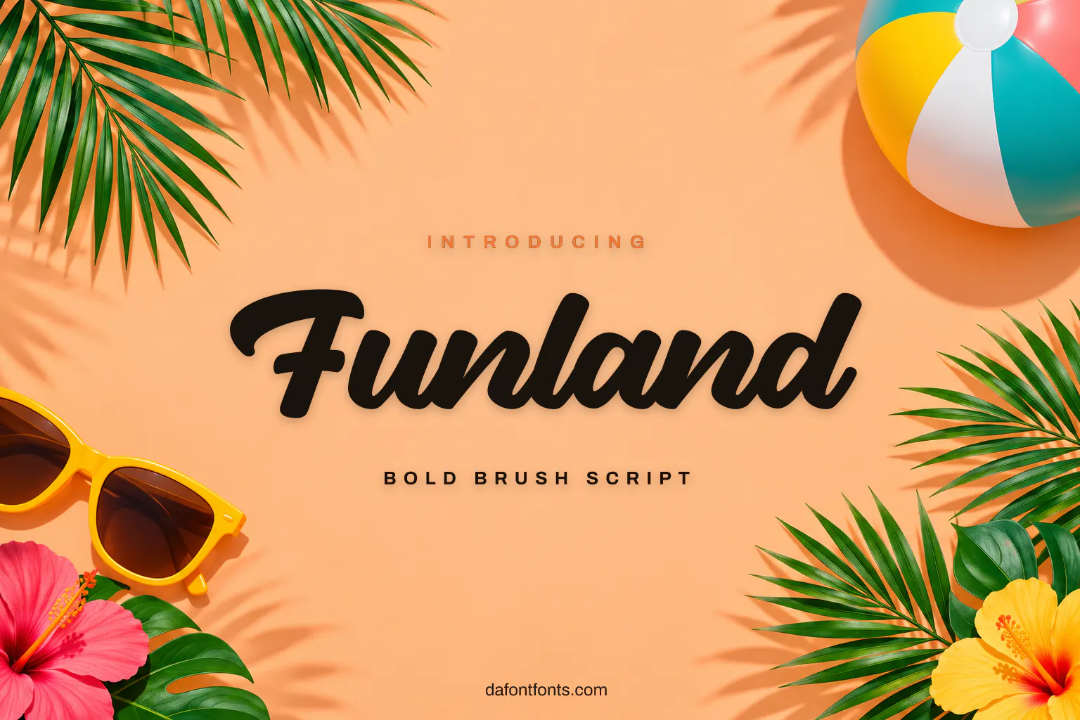 Funland font poster: black brush script on a sunny peach background with a beach ball