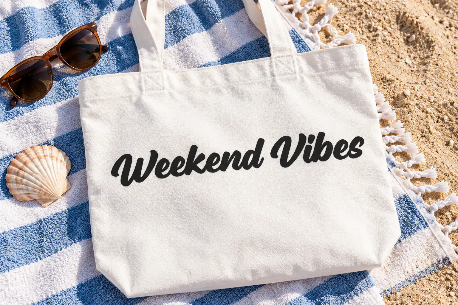 Funland font on a tote bag reading Weekend Vibes
