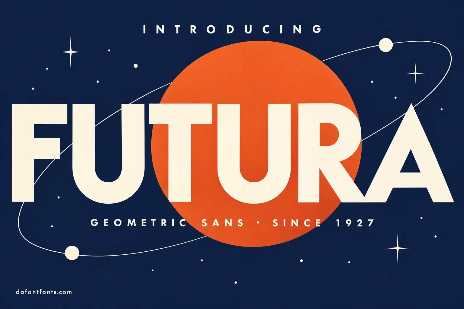 Futura font poster: cream FUTURA headline on a midnight blue background with an orange planet