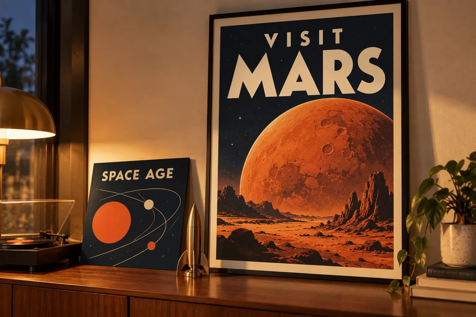 Futura style lettering on a vintage travel poster reading VISIT MARS and a record sleeve reading SPACE AGE