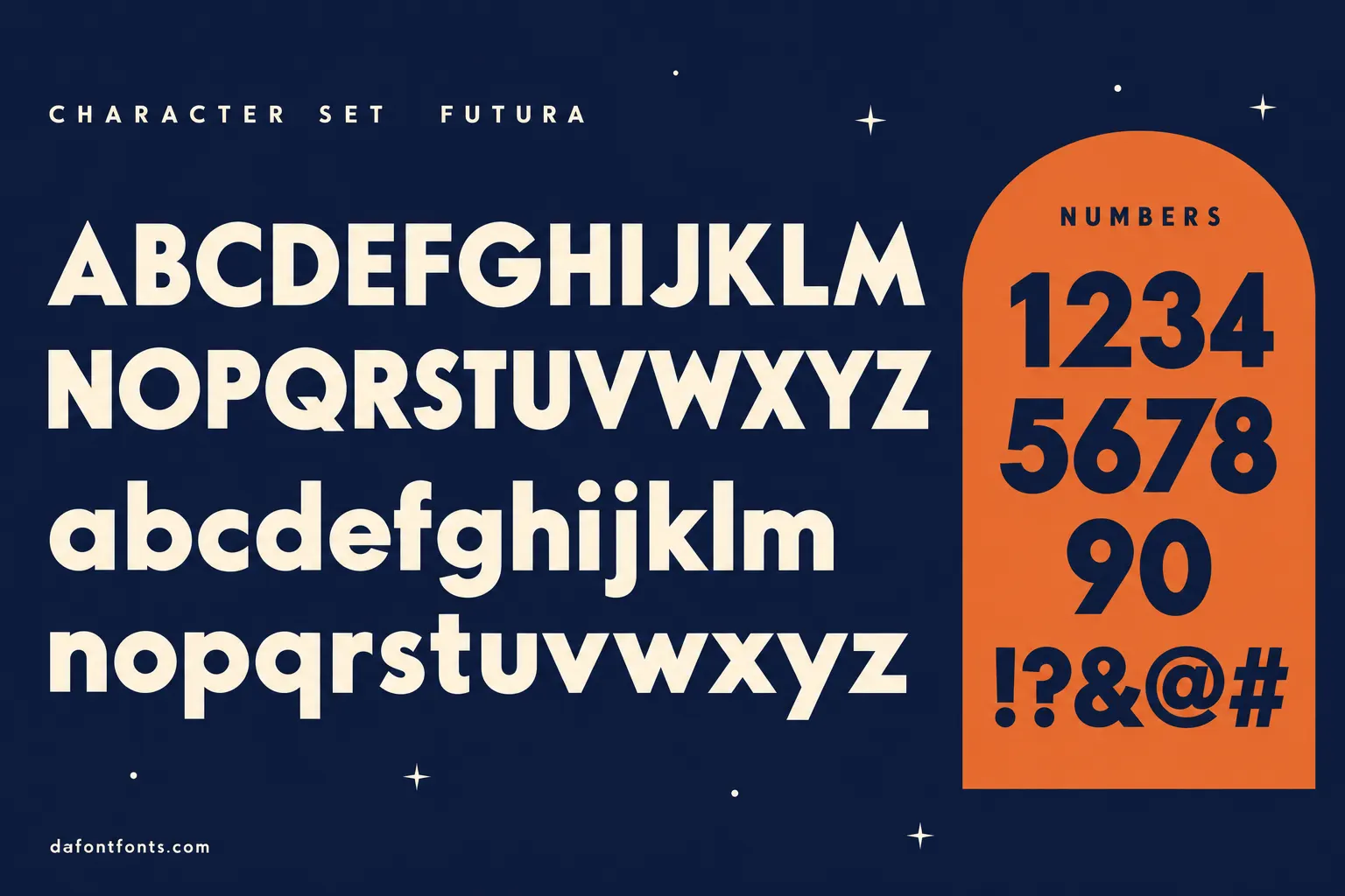 Futura style character set: uppercase and lowercase alphabet, numbers and symbols