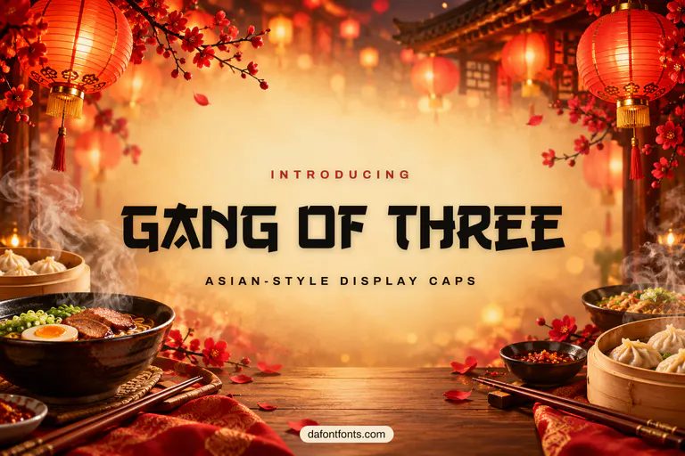 Gang of Three font poster: black Asian-style caps on a street food background with lanterns