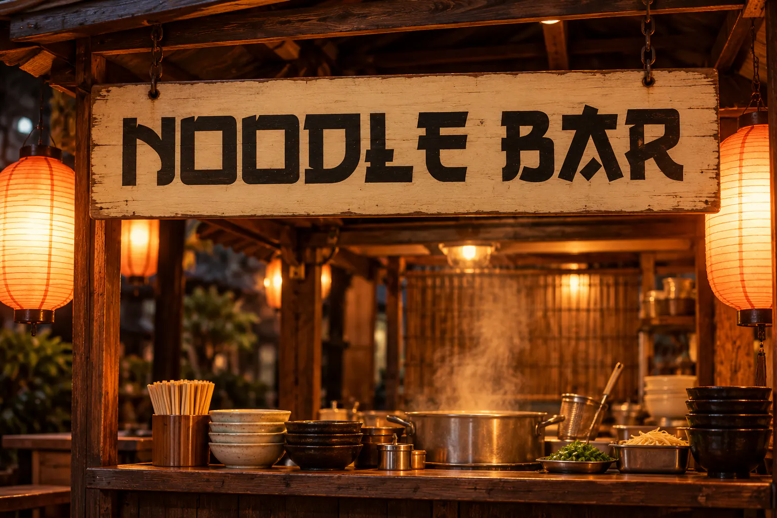 Gang of Three font on a street stall sign reading NOODLE BAR