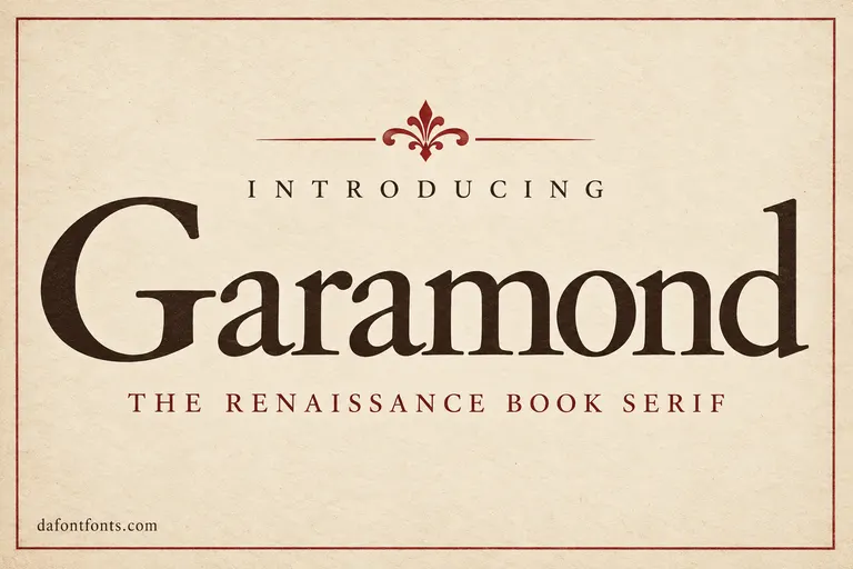 Garamond font poster: classic Garamond headline on cream book paper with a red border and printer's ornament