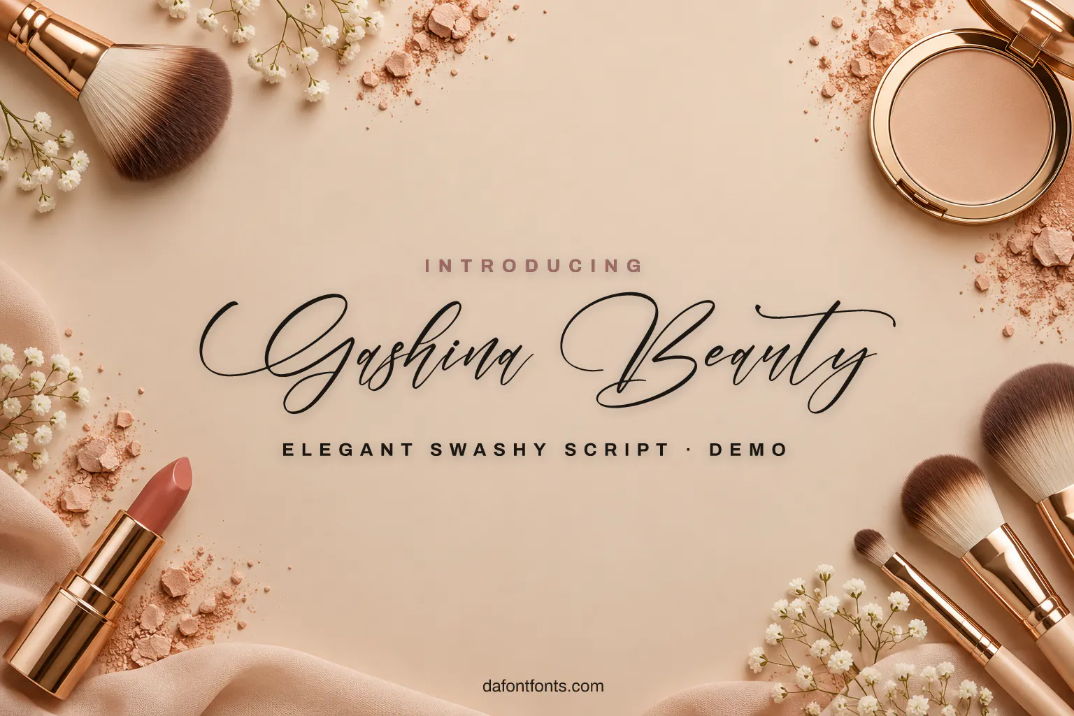 Gashina Beauty font poster: black script on a soft nude background with makeup brushes