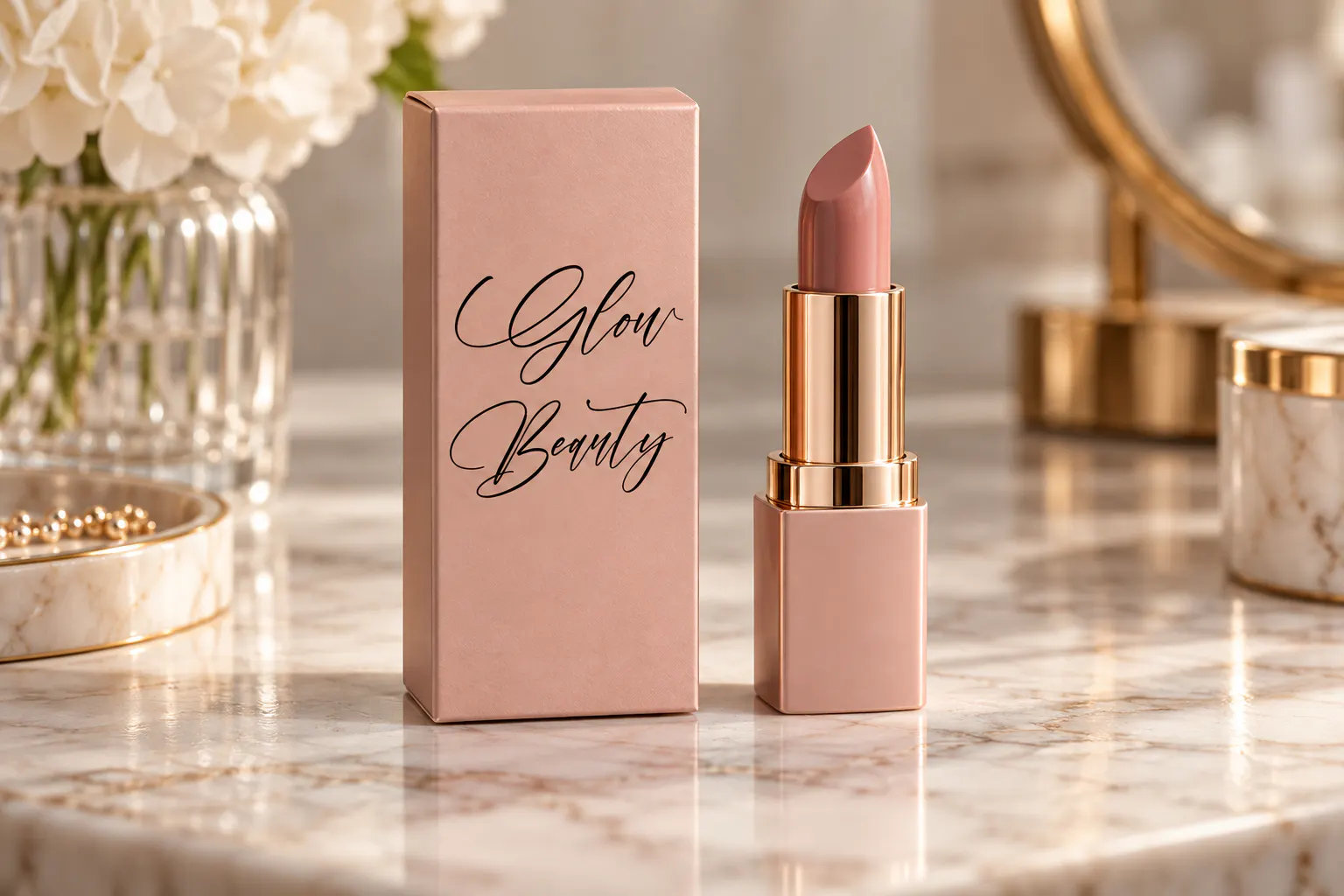 Gashina Beauty font on a lipstick box reading Glow Beauty