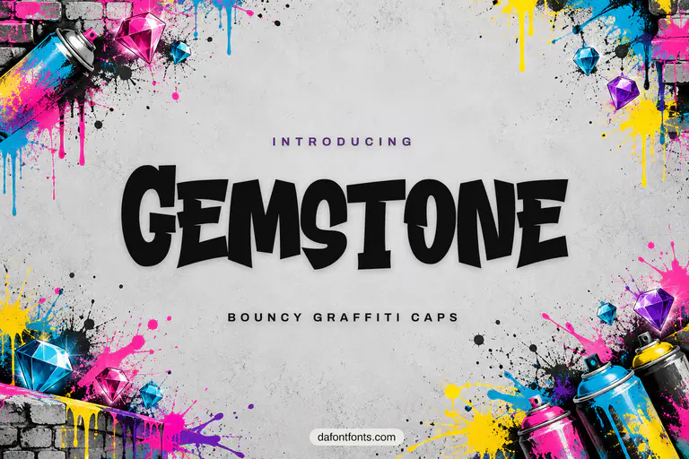 Gemstone font poster: graffiti caps with spray cans and paint splashes