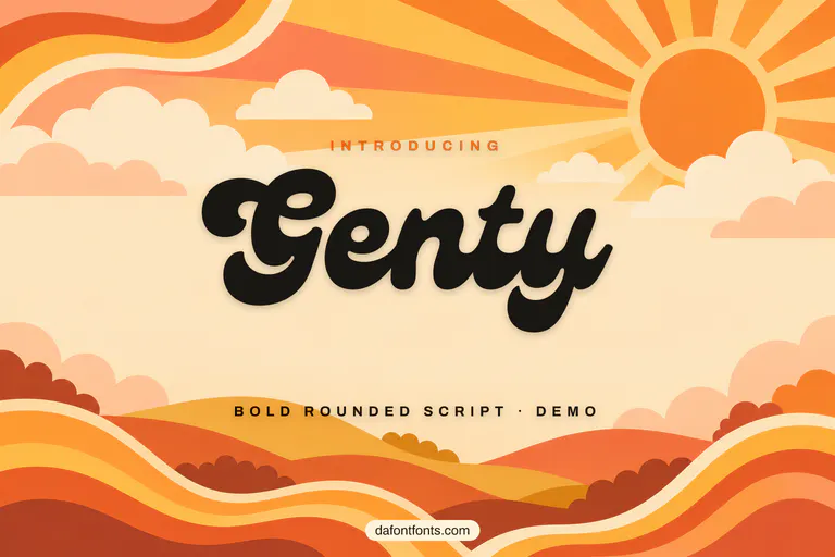 Genty font poster: black rounded script on a sunny retro background