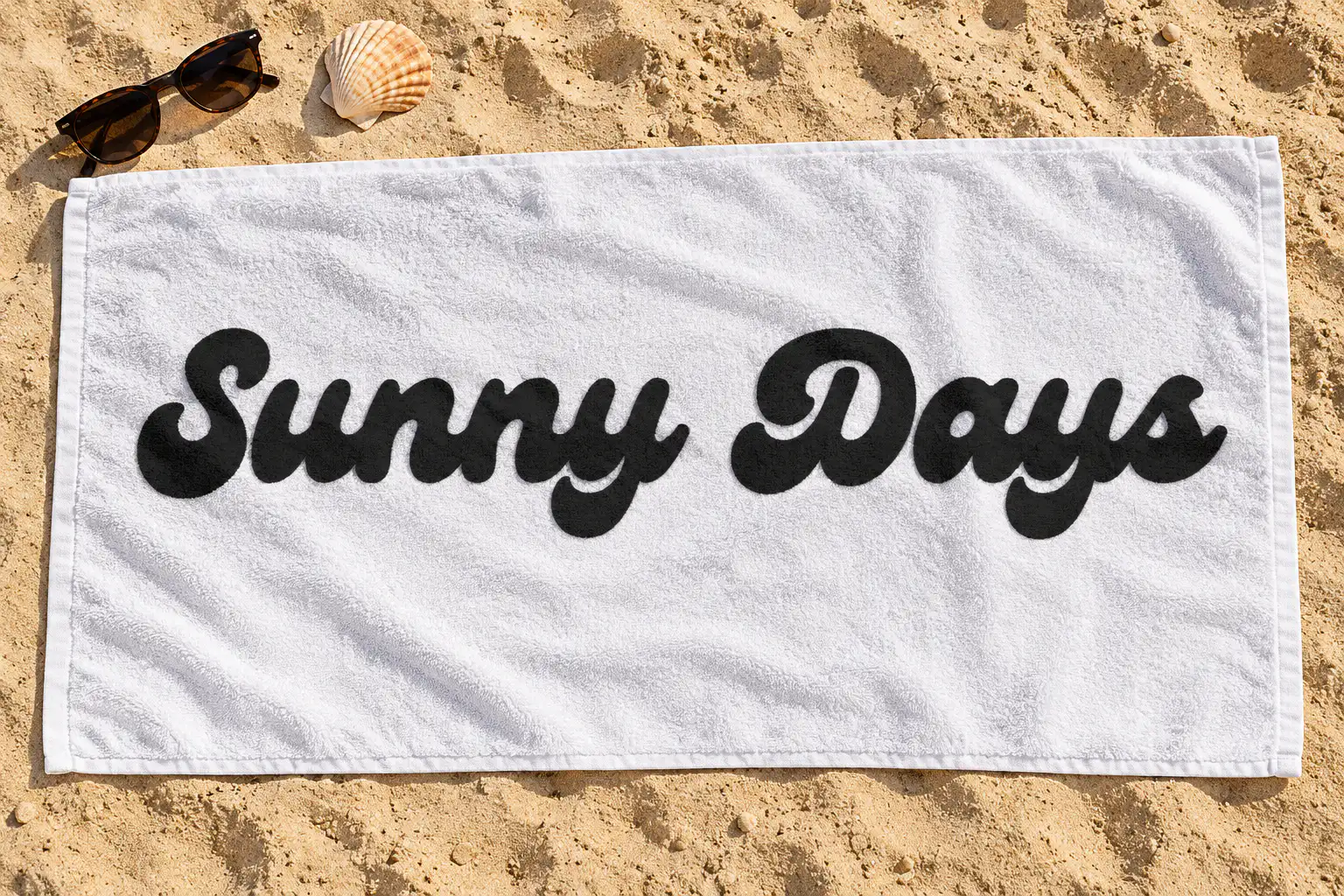 Genty font on a beach towel reading Sunny Days