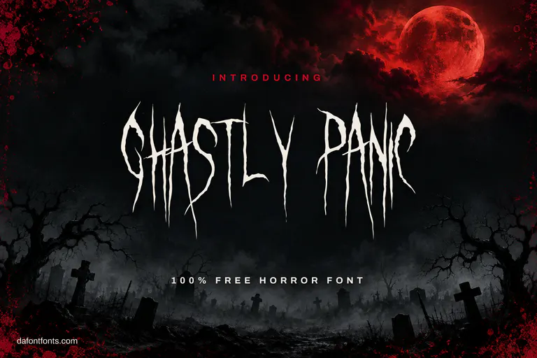 Ghastly Panic font poster: jagged white horror lettering over a foggy graveyard under a blood red moon