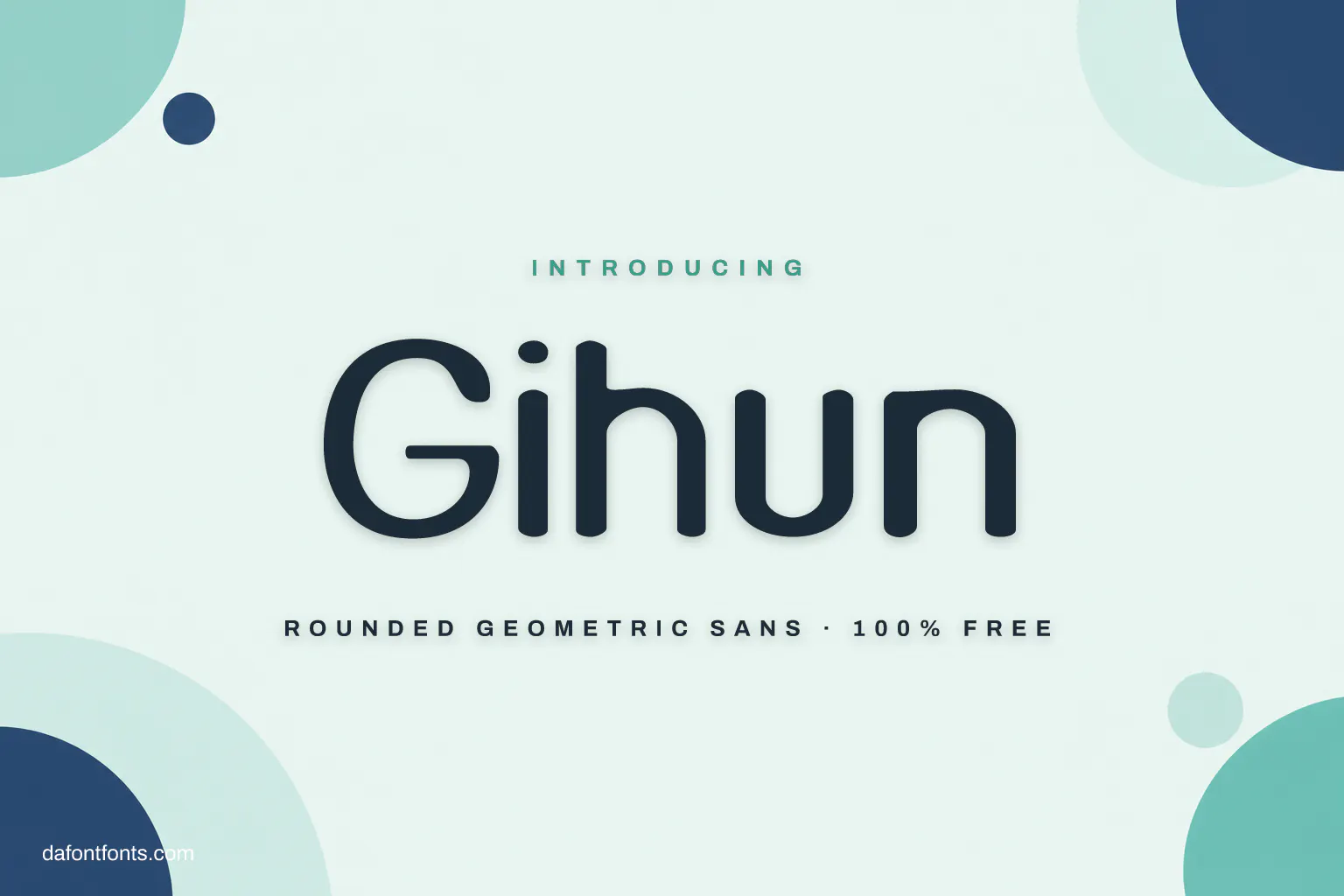 Gihun font poster: navy rounded letters on mint white with teal shapes
