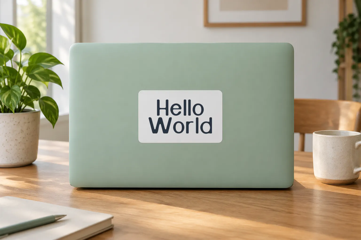Gihun font on a laptop sticker reading Hello World
