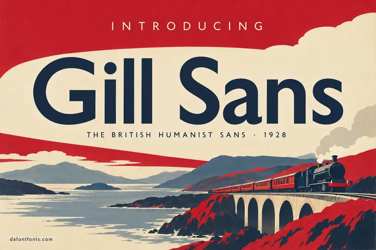 Gill Sans font poster: navy Gill Sans headline with a red British railway style band