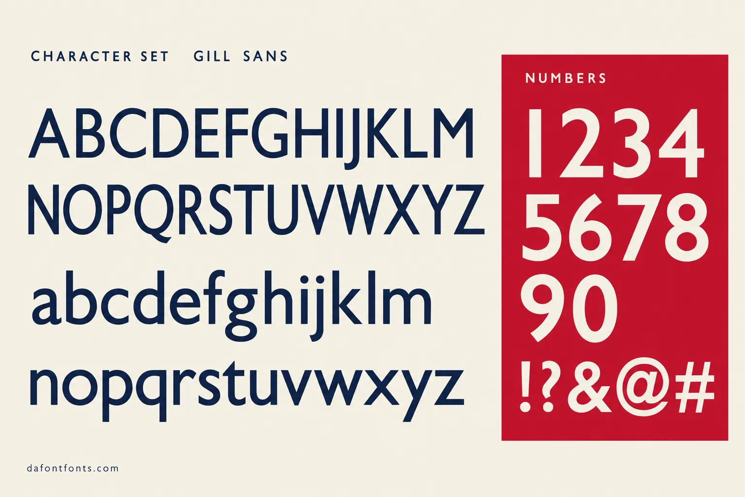 Gill Sans style character set: uppercase and lowercase alphabet, numbers and symbols