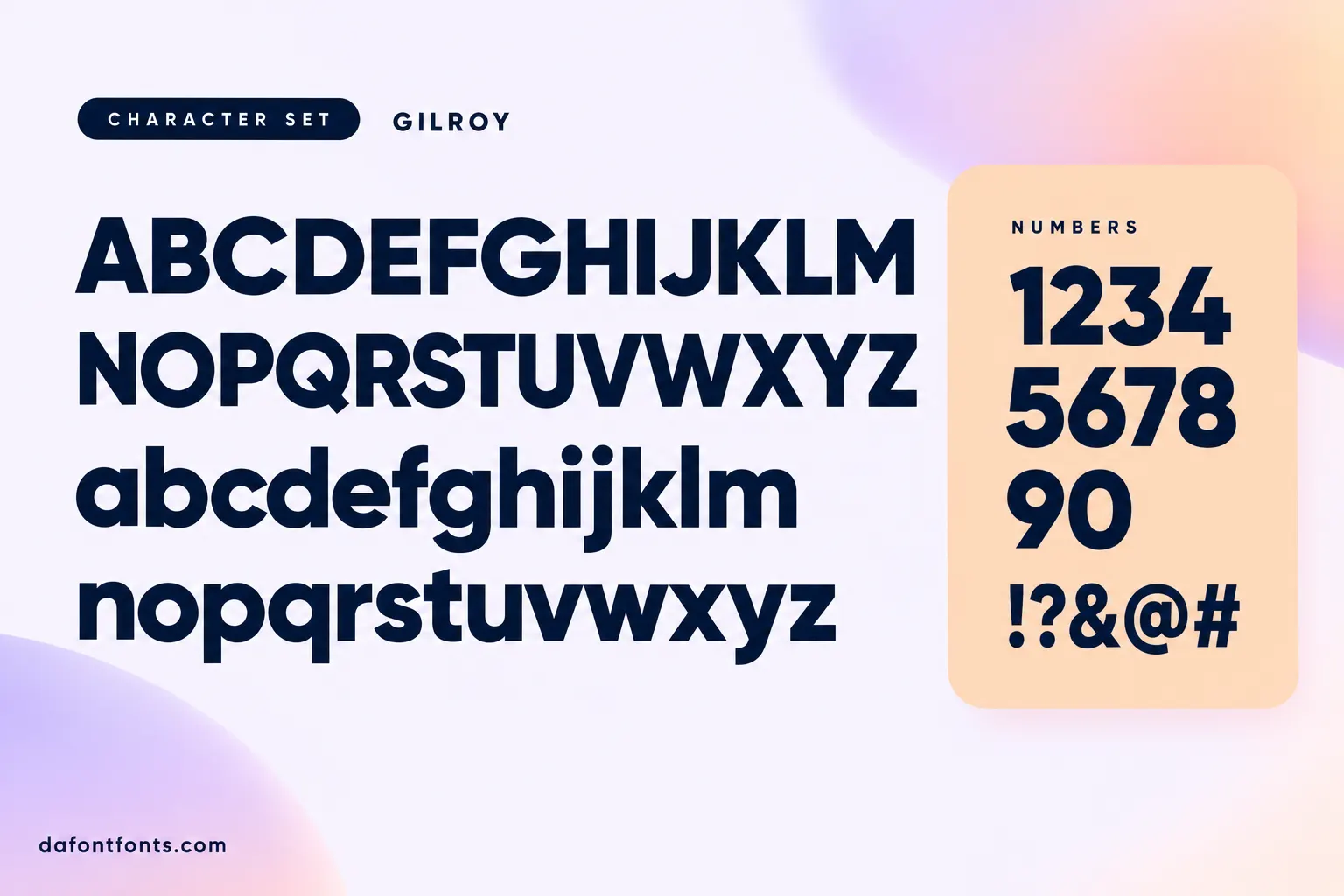 Gilroy style character set: uppercase and lowercase alphabet, numbers and symbols