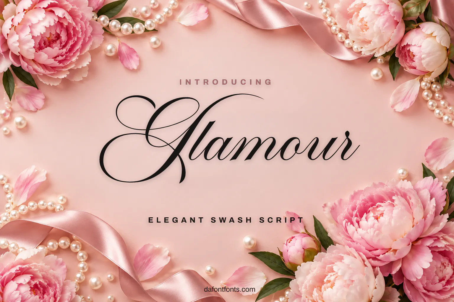 Glamour font poster: black swash script on a soft blush background