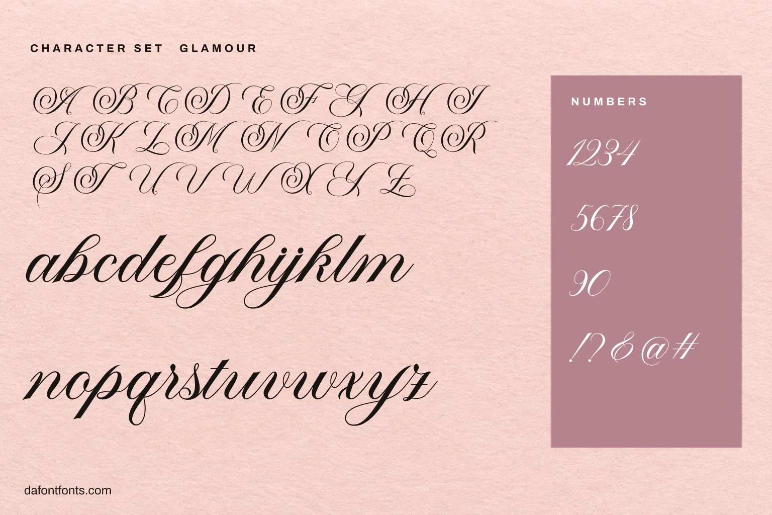 Glamour character set: alphabet, numbers and symbols