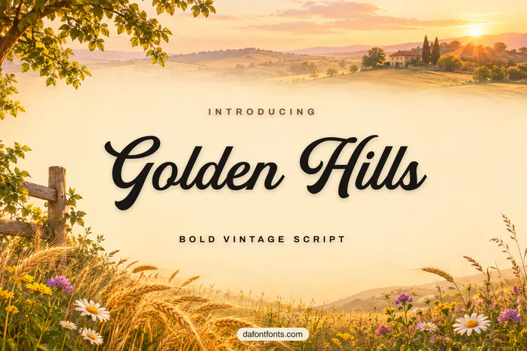 Golden Hills font poster: vintage script with golden wheat and wildflowers