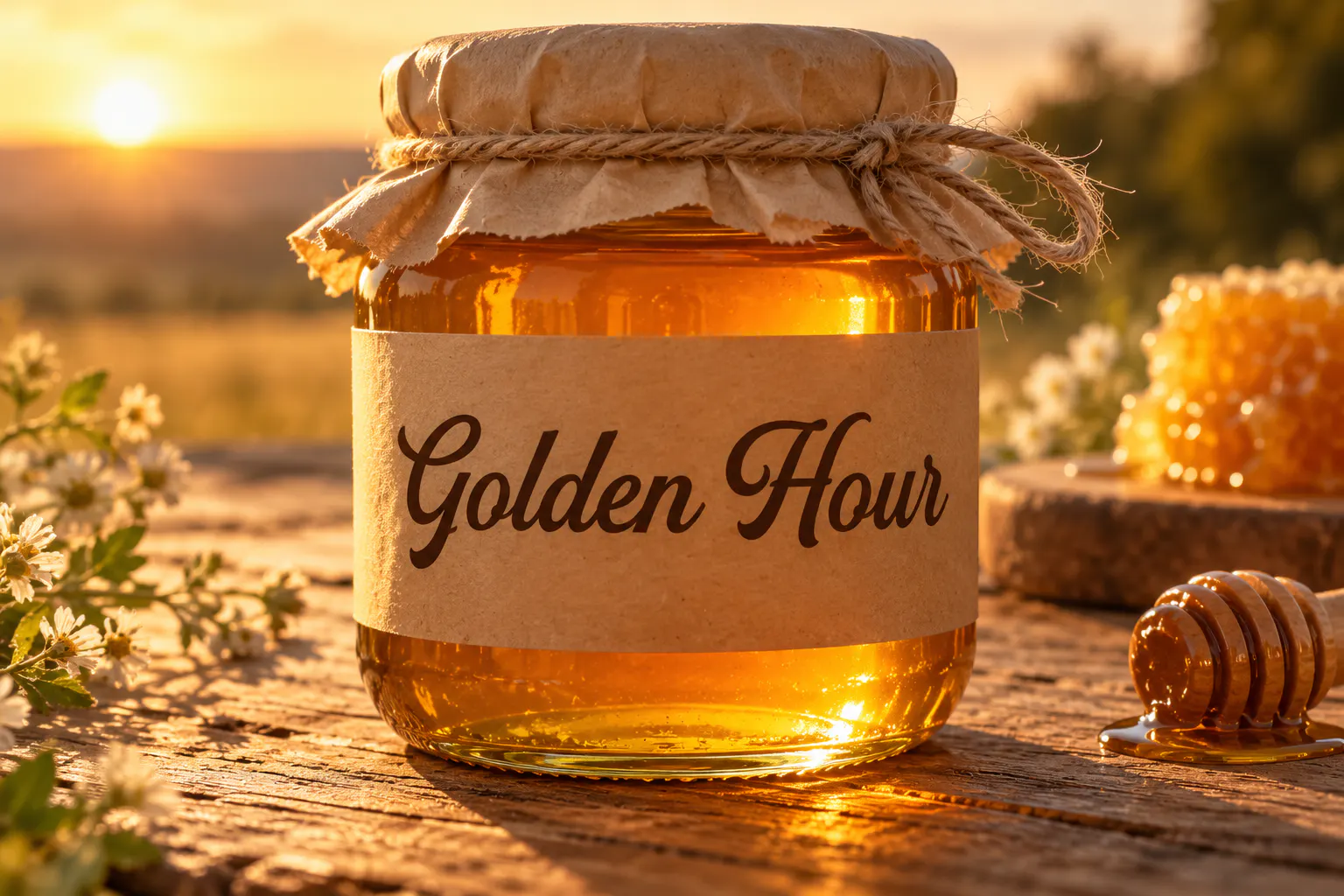 Golden Hills font on a honey jar label reading Golden Hour