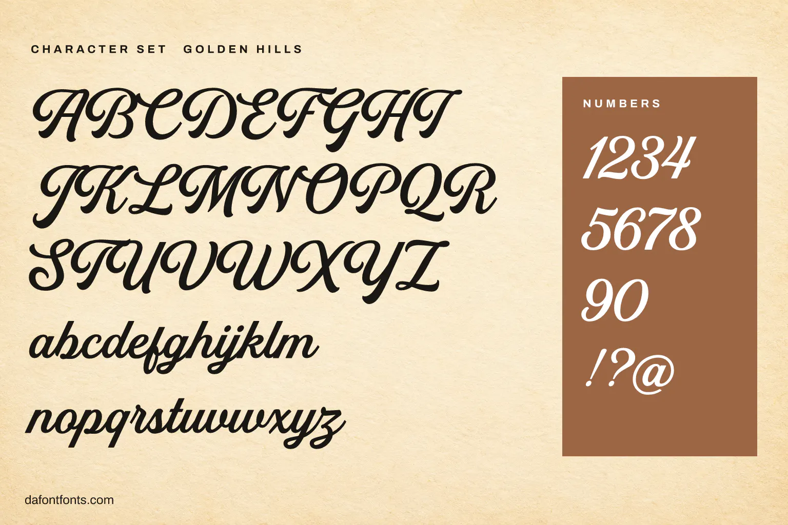 Golden Hills character set: alphabet, numbers and a few symbols