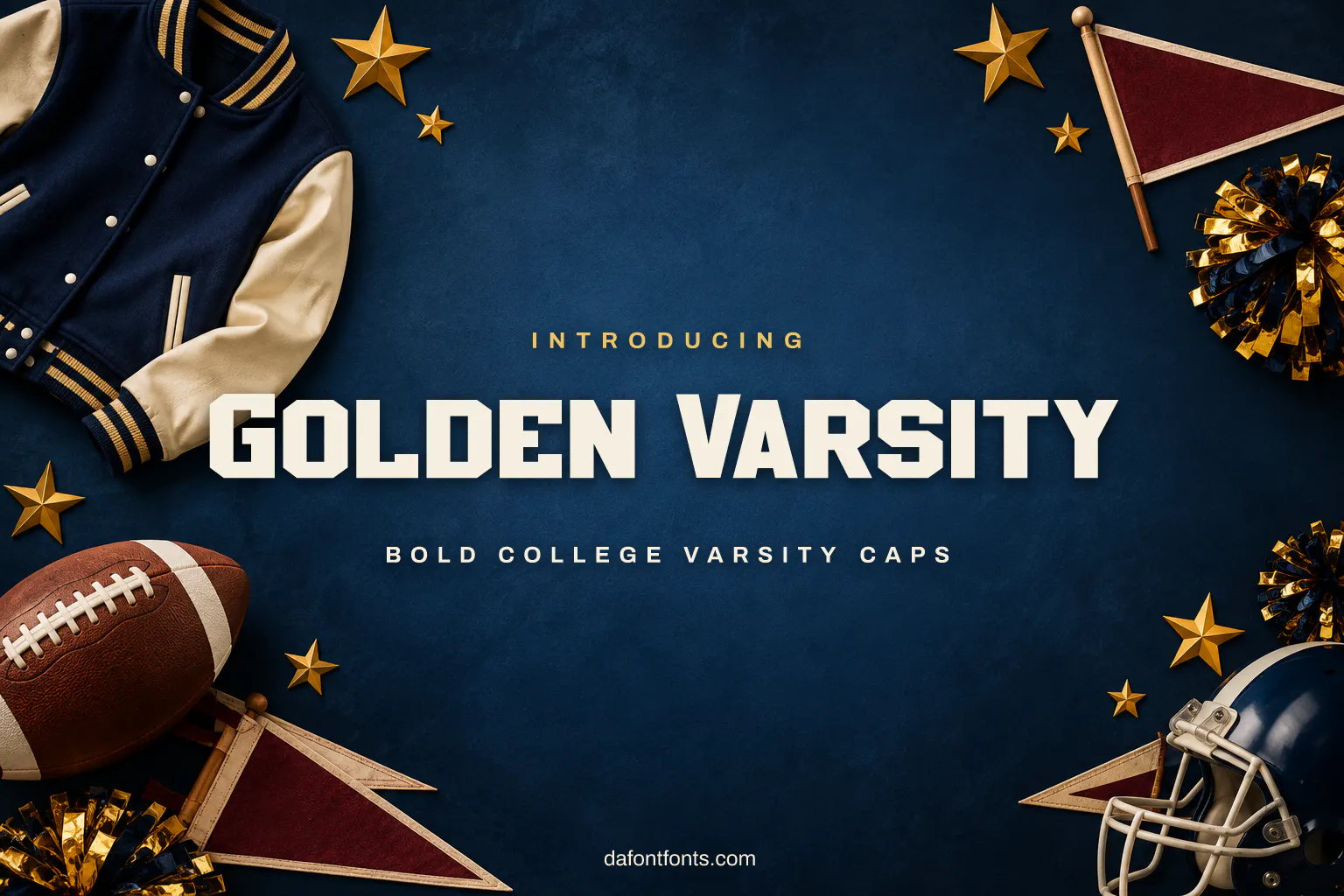 Golden Varsity font poster: varsity caps with a letterman jacket and a football