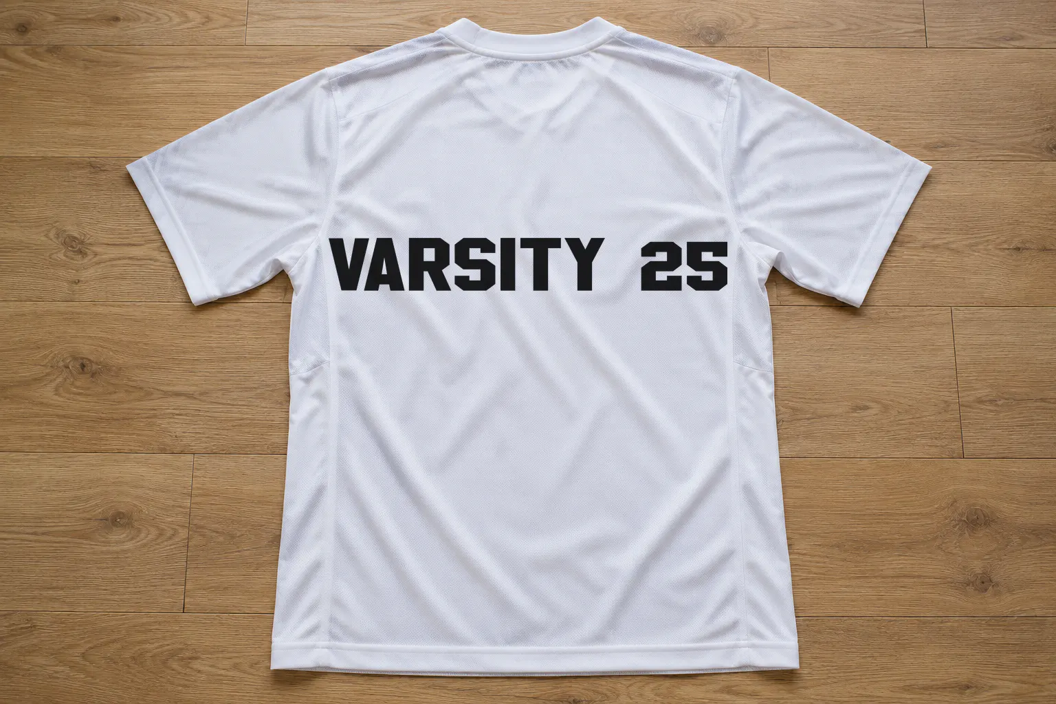 Golden Varsity font on a white jersey reading VARSITY 25