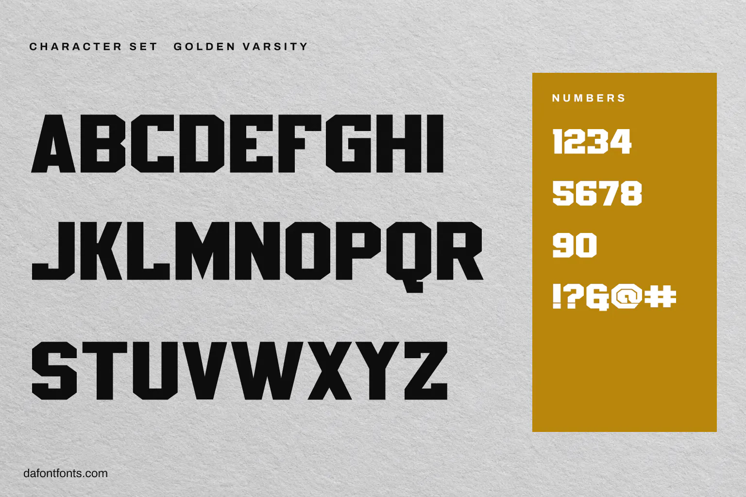 Golden Varsity character set: alphabet, numbers and symbols