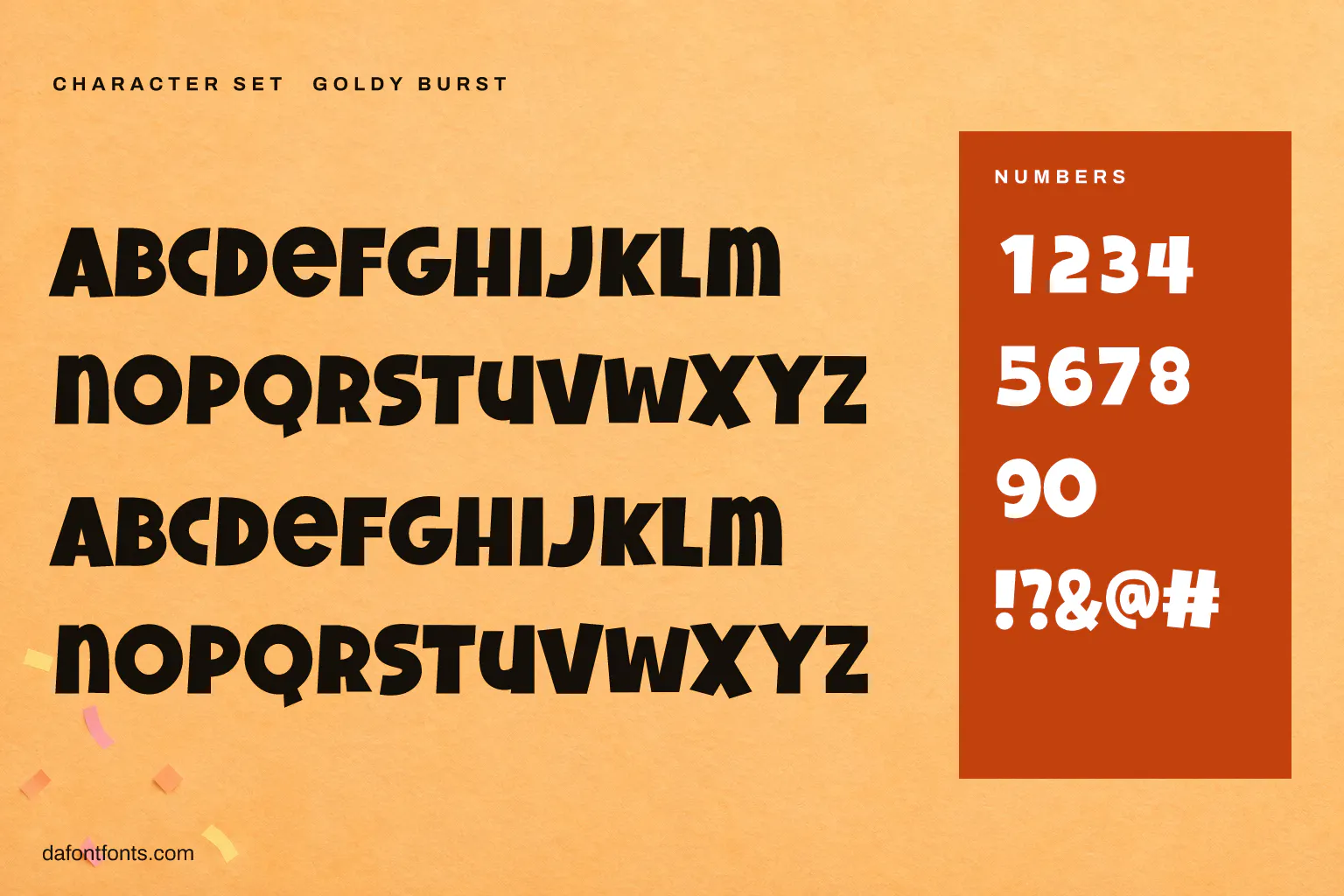 Goldy Burst character set: two sets of capitals, numbers and symbols